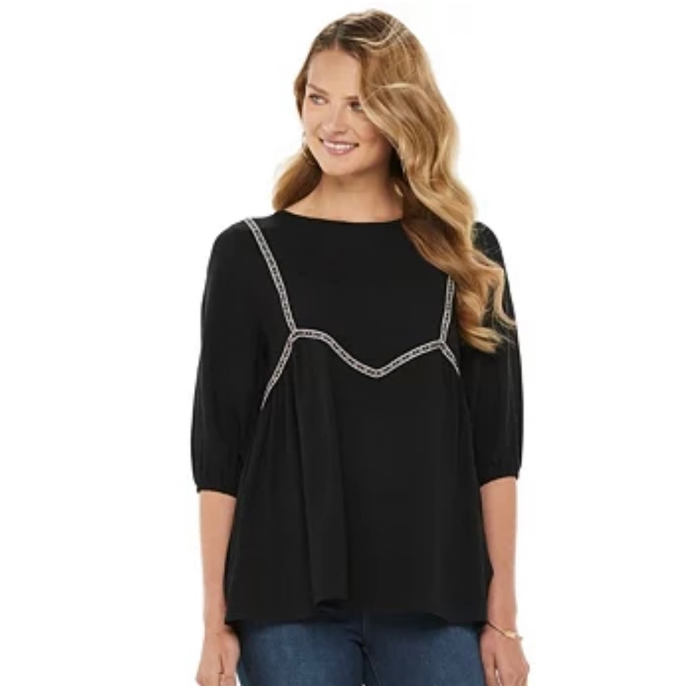 Citrus and Lemon black embroidered 3/4 sleeve top